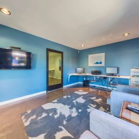 Media Room with Blue Walls and Large Television with a Desk with Computers Across the Room