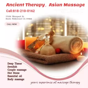 Our traditional full body massage in North Hollywood, CA 
includes a combination of different massage therapies like 
Swedish Massage, Deep Tissue, Sports Massage, Hot Oil Massage
at reasonable prices.