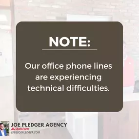 ‼️ Due to Hurricane Beryl, we are experiencing phone communication difficulties with our AT&T CUSTOMERS ‼️

AT&T is aware & working on a resolution. You can TEXT our office phone at (318) 445-1966, ???? E-mail joe@joepledger.com; and if all else fails, we will reach out to you from our personal phones ????.

Please utilize the ???? ???????????????????? ???????????????? ???????????????????????? ???????????? to pay your bill, file/track your claim, access to policy documents and ID cards, and much