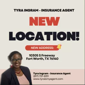 I'm excited to share that we are at a new location in Fort Worth, TX! You can now find me at 10305 S Freeway, Fort Worth, TX 76140. Whether you need auto, home, life, or business insurance, I’m here to help with all your insurance needs. Stop by or give me a call. I look forward to seeing you!