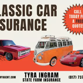 Some of my customers have some cool classic cars! The VW bus is my favorite!

Did you know State Farm has policies for your favorite old-school ride? Give us a call!