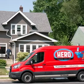 Hero: Plumbing, Heating, Cooling, Drains, Ducts & Electrical van outside of the house