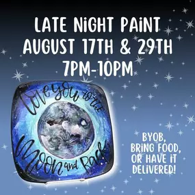 Late Night Paint Night at the studio is one of our favorite nights! This is an open studio event, meaning you can come in with friends and work on any craft you'd like! BYOB, bring or order some food, and get creative with your besties.