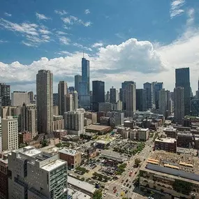 Aerial view of River North neighborhood facing Chicago's tallest buildings