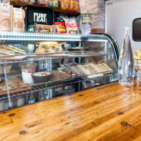 Breakfast options in a glass case