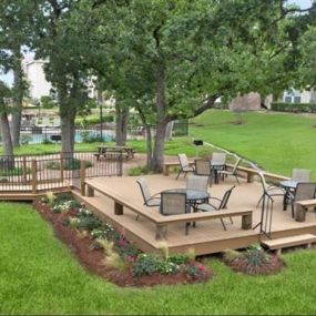 Outdoor patio with green space