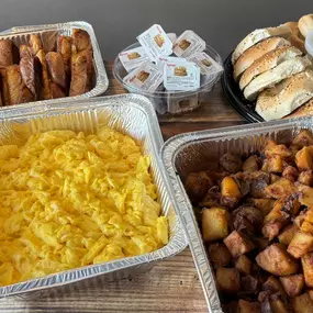 Scrambled Eggs served with Bacon and Home Fries. Includes assorted Bagels with Cream Cheese.