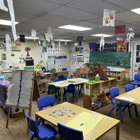 A bright, welcoming Pre-K room designed to inspire curiosity and creativity. Children engage in hands-on learning, building essential skills through play, art, and early academics.