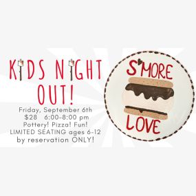 It’s Friday Night Arts just for kids ages 6-12 years old. Pottery, Pizza, and FUN. This is a drop off event from 6-8pm. $28 per child (includes project and pizza).