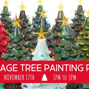 Join us for our annual Vintage Tree Paint Party at The Pottery Patch. Come paint your own classic vintage Christmas tree just like Grandma's. Fun event to put your right in the holiday spirit before all the craziness begins!Our tree parties are a hit every year and we may not be able to get these new pieces in the fall due to high demand nationwide.