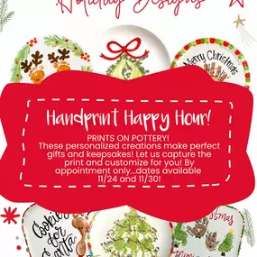 Check your GIFT LIST! We know a handprint keepsake would be perfect for everyone on it! Our Handprint Happy Hour Days are 11/24 and 11/30! Snag your appoint online www.potterypatchstudio.com