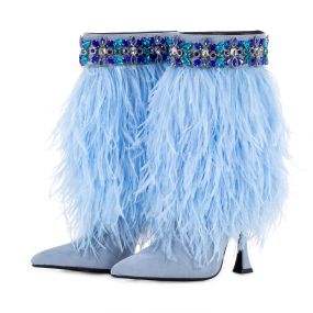 The Foxy: Blue Suede Stiletto Boot with Premium Feathers