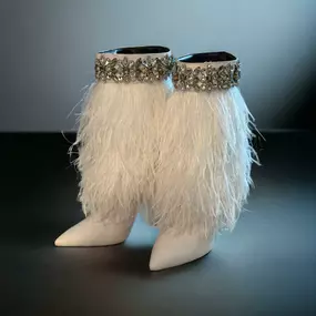 The Foxy: White Leather Stiletto Boot with Premium Feathers