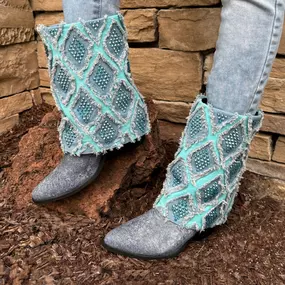 Denim and Aquamarine Cuff Boot with Shining and Reflective Quality rhinestones