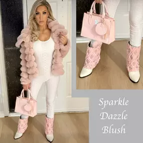 SkyStruk model in pink wearing the Gram Glam pink and white cuffed boots