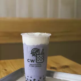 Taro smoothie with boba and seafoam