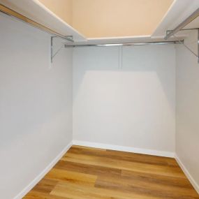 Walk-in closet with plank flooring and built-in storage with silver hanging racks