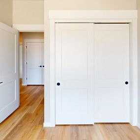 View from the bedroom with a large double panel style door closet with matte black hardware and view into living area and a french double panel style closet