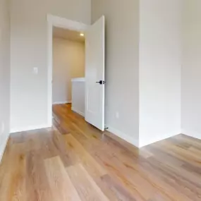 View from bedroom into living space connected by a paneled door with chic black hardware with plank flooring throughout