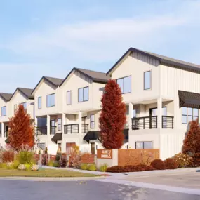 Outside Rendering of Alpine Landing with red trees and manicured foliage