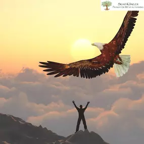 Siegerpose auf Berg mit Adler