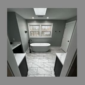 This was one of our favorite bathroom projects. It features new cabinets, countertops, tile floor and a gorgeous new soaking tub. Get ideas on how we can transform your home at our website.