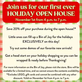 ????✨ Join us for our Holiday Open House! ✨????
????️ Friday, November 1st
⏰ 4PM - 7PM
???? 3001 W White Oaks Drive, Springfield
Come kick off the holiday season with us at Little Lincoln's Toy Shop!