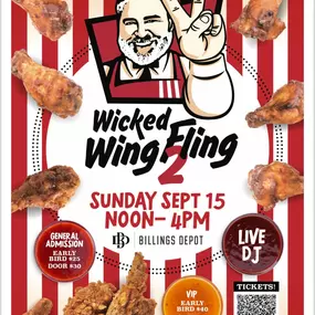 Join us for the Wicked Wing Fling 2 at Billings Depot on Sunday, September 15 from Noon to 4 P.M.
Who will be Billings's new King of the Wing?!