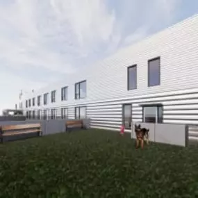 The rooftop deck at The Gio Apartments offers pet-friendly amenities with skyline views.