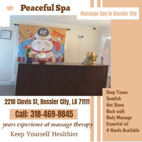 Our traditional full body massage in Bossier City, LA 
includes a combination of different massage therapies like 
Swedish Massage, Deep Tissue, Sports Massage, Hot Oil Massage
at reasonable prices.