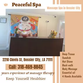 Our traditional full body massage in Bossier City, LA 
includes a combination of different massage therapies like 
Swedish Massage, Deep Tissue, Sports Massage, Hot Oil Massage
at reasonable prices.