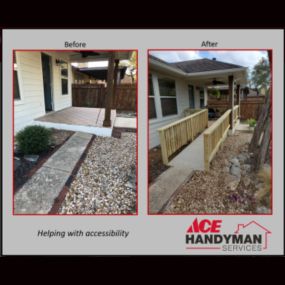 Our customer had elderly parents moving into a new home, and we added a concrete ramp with rails as well as rails on the perimeter of the patio to enable functional and safer access between the backyard and rear patio.