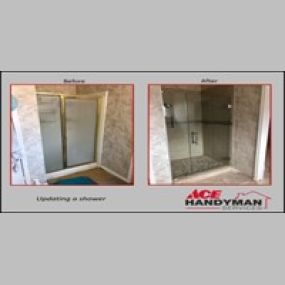 We replaced a fiberglass shower pan with a mortar and tile base, replaced the wall tiles, added an accent band and soap nook and replaced the shower door and frames with a frameless glass door.