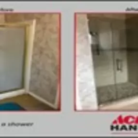 We replaced a fiberglass shower pan with a mortar and tile base, replaced the wall tiles, added an accent band and soap nook and replaced the shower door and frames with a frameless glass door.