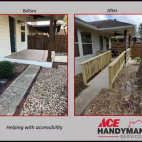 Our customer had elderly parents moving into a new home, and we added a concrete ramp with rails as well as rails on the perimeter of the patio to enable functional and safer access between the backyard and rear patio.