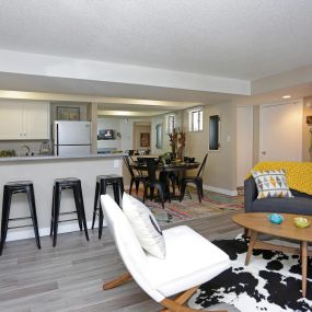 Newly renovated interiors, open concept with vinyl flooring.