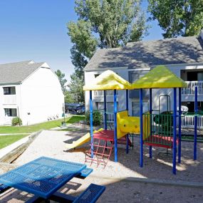 Outdoor playground with picnic table seating.