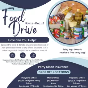 Join us in giving back to our community! Drop off 5+ canned or non-perishable items at any of our 3 office locations and snag a free swag bag! Let’s make a difference together this holiday season.