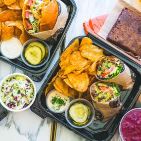 Boxed Meal Catering Menu - Sandwiches, Salads, Wraps, with Chips, Pickles and a Cookie