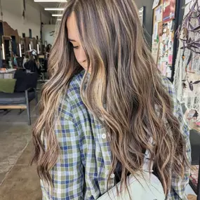 Soft, Warm Blonde Highlights on Brunette Hair in Downtown Springfield, MO - Blu Skies Salon