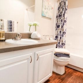 Bathroom with hard wood floors, a tub, vanity and toilet.