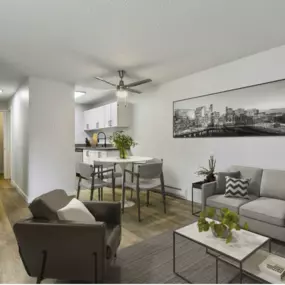 Ceiling fans and wood style plank flooring in the lving rooms at Capri Apts.!