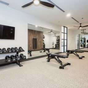 Well-equipped fitness center with free weights, mirrors walls, and a tv
