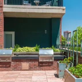 Red brick patio lounge with plants and two BBQ grills