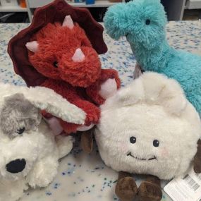 New warmies! 
Patch curly dog
Red Triceratops 
Dumpling
Teal long neck dinosaur
????????❤️???? (Papillion location*)
