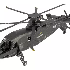 The fastest next-generation helicopter in the world, the Sikorsky® S-97 Raider® features twin four-blade contra-rotating main rotors and a rear pusher propeller, allowing for a top speed of 276 MPH. What makes the Raider even more unique is its ability to turn its rear propeller on and off for ''Whisper Mode'', allowing it to sneak up on targets.