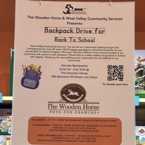 Backpack Drive is here!! Buy a backpack and donate it at The Wooden Horse!   Back to School is around the corner and we are partnering with West Valley Community Serices to help send kids to school with the necessary supplies.    We hope you can help support with us.