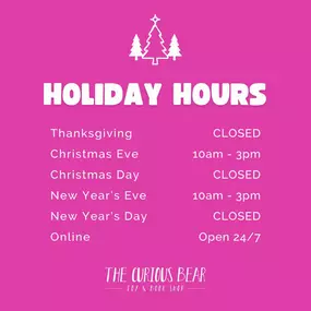 ????✨ The holiday season is here, and so are our holiday hours!????????

Holiday Hours:

???? THANKSGIVING - CLOSED
???????? CHRISTMAS EVE - 10AM-3PM
???? CHRISTMAS DAY - CLOSED
✨ NEW YEARS EVE - 10AM-3PM
???? NEW YEARS DAY - CLOSED

Stop by, say hello, and let us help you spread some holiday cheer! ????