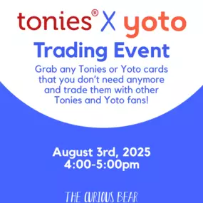 Join us for a Tonies x Yoto Trading Event! Bring in any of your dusty Tonies or Yoto cards from your house and and swap it for something 'new to you' that your kids can obsess over at home!