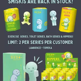 Smiskis are back in stock! We have the exercise, bath, toilet & hippers in stock at both of our locations in Lawrence & Topeka! 
We are limiting sales to just 2 per series per customer to ensure as many people as possible have access to these blindboxes!